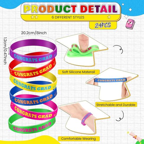 Sabary 48 Pcs Graduation Pencils Silicone Bracelets Set Graduation Party Favors Motivational Rainbow Pencils with Eraser Rubber Wristbands for Grade End-of-year Gifts(Classic) in Saudi Arabia