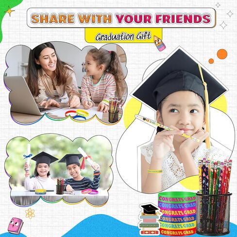 Sabary 48 Pcs Graduation Pencils Silicone Bracelets Set Graduation Party Favors Motivational Rainbow Pencils with Eraser Rubber Wristbands for Grade End-of-year Gifts(Classic) in Saudi Arabia