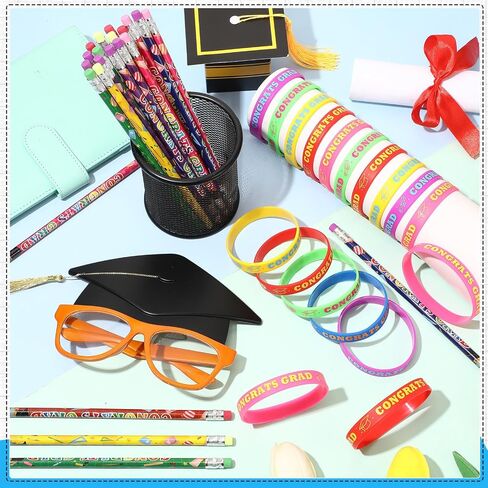 Sabary 48 Pcs Graduation Pencils Silicone Bracelets Set Graduation Party Favors Motivational Rainbow Pencils with Eraser Rubber Wristbands for Grade End-of-year Gifts(Classic) in Saudi Arabia