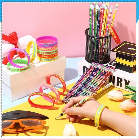 Sabary 48 Pcs Graduation Pencils Silicone Bracelets Set Graduation Party Favors Motivational Rainbow Pencils with Eraser Rubber Wristbands for Grade End-of-year Gifts(Classic) in Saudi Arabia