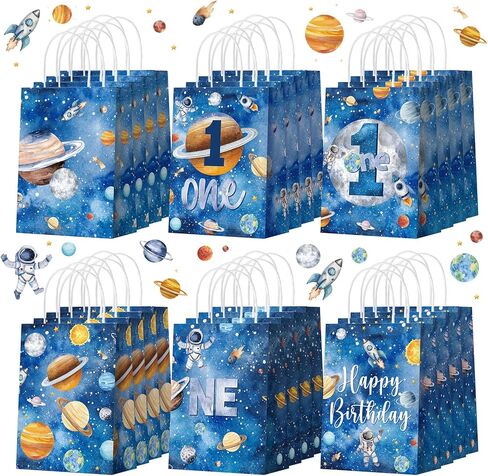 Glenmal 24 Pcs First Trip Around The Sun Party Bags for Boy 1st Birthday Supplies Planet Birthday Goodie Gift Candy Treat Paper Bags for Kid Baby Shower 1st Outer Space Party Favors Decor in Saudi Arabia