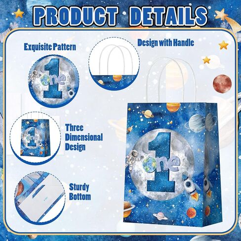 Glenmal 24 Pcs First Trip Around The Sun Party Bags for Boy 1st Birthday Supplies Planet Birthday Goodie Gift Candy Treat Paper Bags for Kid Baby Shower 1st Outer Space Party Favors Decor in Saudi Arabia
