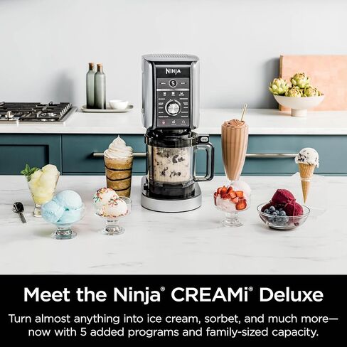 Ninja NC501 CREAMi Deluxe 11 في 1 صانعة الآيس كريم والحلوى المجمدة للآيس كريم والشربات والحليب المخفوق والمشروبات المجمدة والمزيد، 11 برنامجًا، مع 2 حاوية نصف لتر بحجم عائلي XL، مثالية للأطفال (متجددة) (فضي) in Kuwait