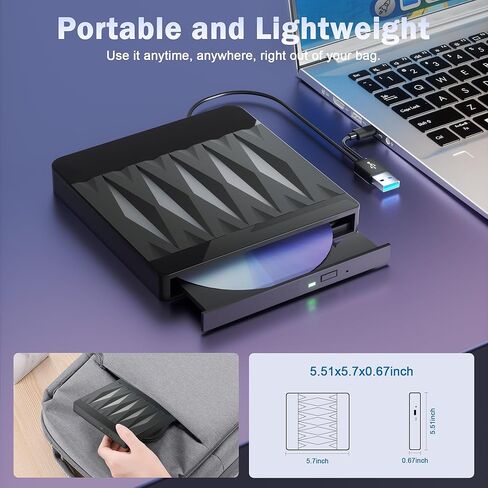 External CD/DVD Drive for Laptop USB 3.0 and Type-C DVD Burner Portable +/-RW Player,Reader Rewriter Writer Disk Duplicator Compatible with Latptop PC Windows XP/7/8/10, Linux Mac OS in Saudi Arabia