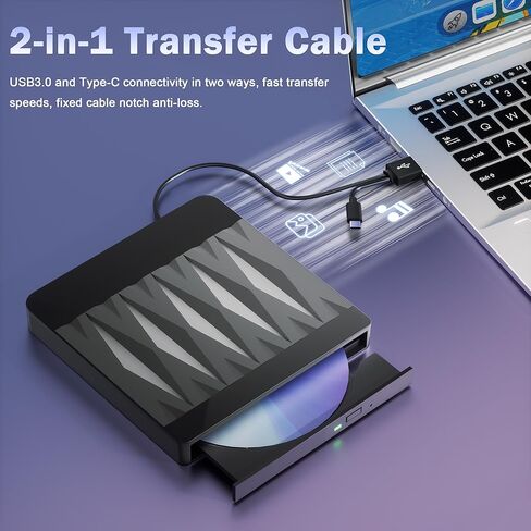 External CD/DVD Drive for Laptop USB 3.0 and Type-C DVD Burner Portable +/-RW Player,Reader Rewriter Writer Disk Duplicator Compatible with Latptop PC Windows XP/7/8/10, Linux Mac OS in Saudi Arabia