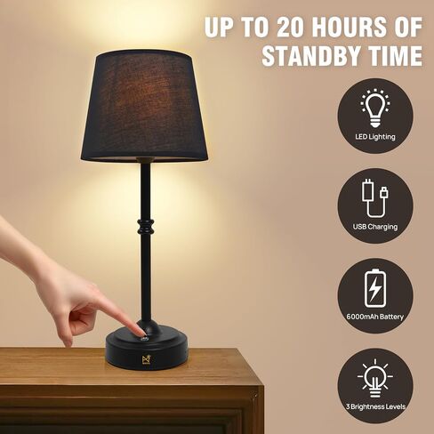 Cordless Lamp for Desk, 3-Level Dimming Rechargeable Lamp with 6000mAh Battery, USB-C Fast Charging Wireless lamp for Bedroom, Nightstand, Office (Black) in Saudi Arabia