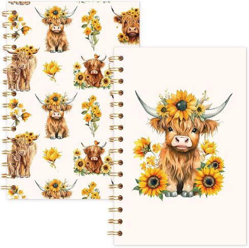 2PCS Highland Cow A5 Notebooks Spring Cow Sunflower College حكمت دفتر ملاحظات قوي مزدوج الأسلاك in Kuwait