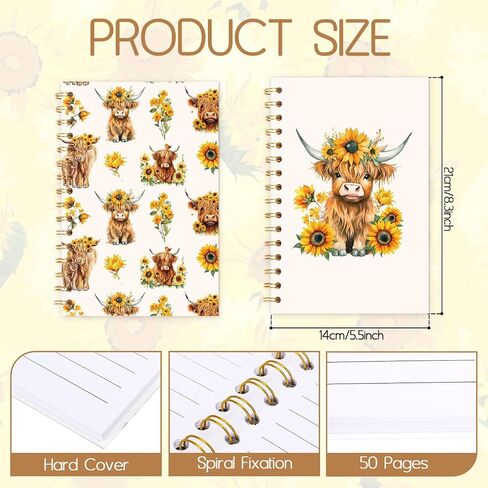 2PCS Highland Cow A5 Notebooks Spring Cow Sunflower College حكمت دفتر ملاحظات قوي مزدوج الأسلاك in Kuwait