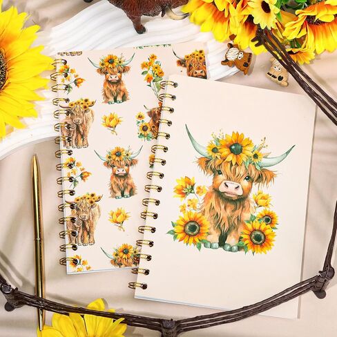 2PCS Highland Cow A5 Notebooks Spring Cow Sunflower College حكمت دفتر ملاحظات قوي مزدوج الأسلاك in Kuwait