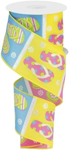 Flip Flops Wired Edge Ribbon, Pink Turquoise Yellow Lime White - 2.5" x 10 Yards (Canvas) in Saudi Arabia