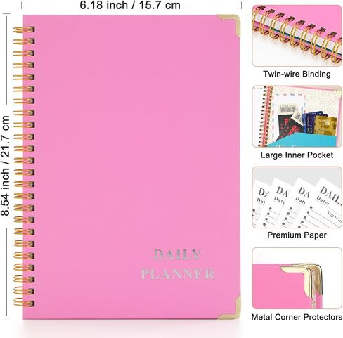 Undated Daily To Do List Planner Notebook - 6x8 Spiral Bound, Aesthetic To Do List Notepad for Work with 160 Pages, Hourly Schedule and Priority Checklist - Productivity Organizer for Office, School for Woman & Man (Pink) in Saudi Arabia