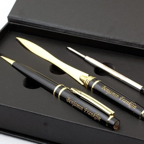Custom Engraved Executive Pen Gift Set – Personalized Brass Ballpoint Pen with Matching Paper Tool – Elegant Gift Box (Black) in Kuwait