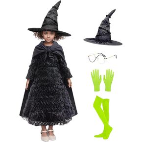 Halloween Girls Witch Dress Black Ruffled Dresses Set with Cape Glasses Gloves Stockings Pointed Hat for Kids