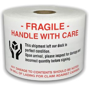 1 Roll Large 3x5 Fragile Handle with Care Hands Holding Box (White Red Black) Shipping Pallet Stickers 500 Labels Total