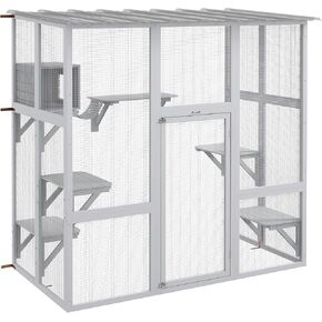 PawHut Catio Outdoor Cat Enclosure Window Box, Wooden Cat House Playground with Scratching Posts, Weather Protection Roof for 1-2 Kitties, Resting Boxes, 68" x 35.5" x 70.5", White
