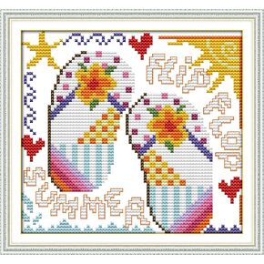 Amiiba Stamped Cross Stitch Kits, Summer Color Slippers DIY 11CT 9x8.6 inch (Flip Flop)