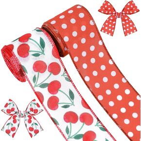 2 Rolls 10 Yards Lemon Wired Edge Ribbon 2.5 Inch Summer Fruit Craft Fabric Ribbon Pink White Polka Dot Burlap Ribbon for Gift Wrapping DIY Wreath Bow Making Farmhouse Party Decoration