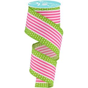 RG Ribbon Vertical Stripes and Polka Dots, Wired Edges, 2.5" Inch x 10 Yards, White, Hot Pink, Lime Green