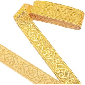 7.7 Yards Gold Jacquard Ribbon Wide Boho Woven Trim Ethnic Floral Ribbon 1-1/4 Inch Golds-Silver Fabric Trims Golden Trim for Sewing DIY Crafts Costume Home Decorative