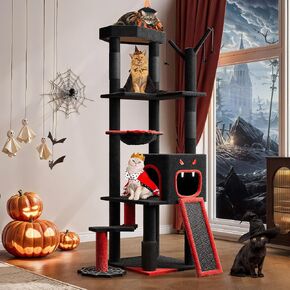 YITAHOME Gothic Cat Tree with Coffin Bed, 60" Tall Cat Tower for Indoor Cats with Top Perch, Spacious Cat Condos, Spider Hanging Balls,Comfy Basket, Scratching Post and Ladder, Black Halloween