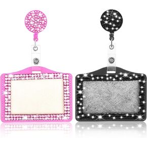 2 Pieces Bling ID Badge Holder Horizontal Badge Holder Retractable Clip Rhinestone Name Badge Holders Cute ID Badge Holder for Students Nurses Doctors Office Employees (Black+Pink)