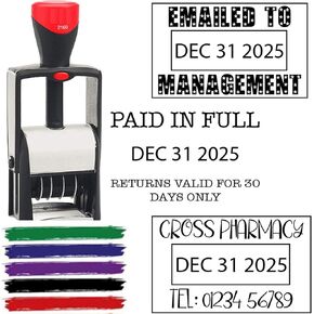 6 Year Band 2020 Date Stamp Self Inking Personalize with 2-3 Lines Custom Text - Self Inking Business Stamp Black Red Blue Green Purple Ink