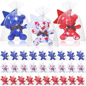 Poen 27 Pack 4th of July Patriotic Stuffed Animals Bears with Red White Blue Star Cards Bulk 4th of July Gifts Mini Soft Stuffed Toys 4" Cute Plush Toy Adults Patriotic Party Favors
