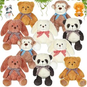 10 Packs Soft Stuffed Animals Plush Cute Bear Monkey Panda Rabbit Toy with Ribbon Bow Cuddly Plush Bears for Boys Girls Birthday Valentines Christmas Holiday Presents Bear Party Favor, 12.5 Inch