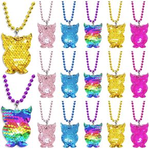 CiciBear 15 Pack Double-Deck Owl Sequin Necklace Party Favors with Mardi Gras Beads for Wooden Animals Party, Retro Theme,Home Decorations, Night Owl Birthday Celebrations, 5 Colors