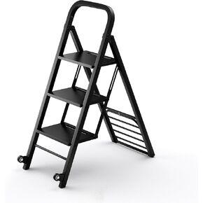 S AFSTAR 2-in-1 Folding Ladder & Hand Truck Combo, 3-Step Step Ladder with Wheels, Convertible Hand Cart with Wide Steps, 550 Max Load, Heavy-Duty Metal Dolly Cart Ladder for Home Office Garage