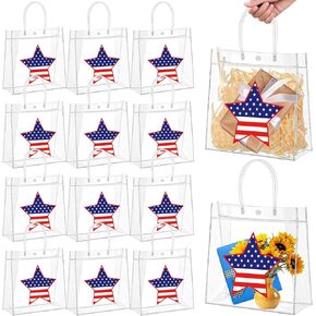 12 Pcs Patriotic Gift Bags with Handle, 4th of July Clear PVC Gift Bags, American Star Reusable Transparent Goodie Holder for Independence Day USA Patriotic Party Favor, 9. 84"x9. 84"x3. 54"