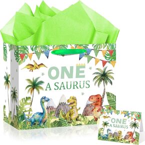 Woosytoo Baby Boys 1st Birthday Gift Bag One a Saurus Decorations Dinosaur First Birthday Gift Wrapping Paper Bag with Tissue Paper for Dino One Years Old Party Favor Supplies