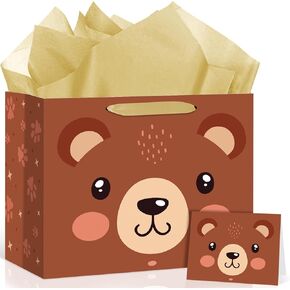Bear Gift Bag for Kids Boys Girls Baby Shower Bear Print Birthday Gift Wrapping Paper Bag with Greeting Card for 1st 2nd 3rd Baby Shower Birthday Decorations Party Favors Supplies