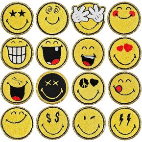 16PCS Smiley Face Iron on Patch, Officially Licensed SmileyWorld, Chenille Cute Smile Face Patch for Jackets, Hats, Backpacks, Jeans(Style 1)