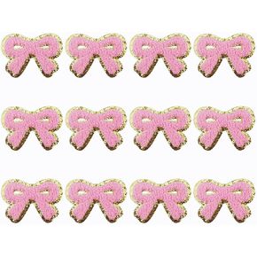 12 PCS Pink Bow Patch Gold Edges Bow Iron On Patch Cute Bow Applique Chenille Embroidery Patches for DIY Hats Bags Clothes