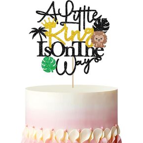 A Little King Is On The Way Cake Topper, Welcome Little King Baby Shower Cake Decor, Gold Glitter Lion King and Crown Cake Topper for Boy, Wild Themed Birthday/Gender Reveal Party Decoration