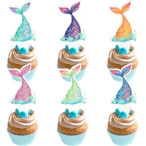48Pcs Mermaid Tail Cupcake Toppers, Mermaid cake decorations, Mermaid Cupcake Picks for Birthday Party Decoration Baby Shower Supplies
