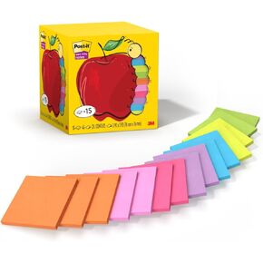Post-it Super Sticky Notes, Assorted Bright Colors, 3x3 in, 15 Pads/Pack, 45 Sheets/Pad, 2X The Sticking Power, Recyclable, Apple Pack