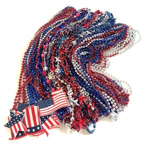61Pc 4th of July Beads Necklaces Bulk Red White Blue 4th of July Independence Day Patriotic Star Beads Parade Party Supplies