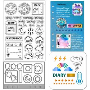 GLOBLELAND Weather Stamps Clear Stamps Cutting Dies PET Painting Stencils for Card Making Diary Planner Silicone Stamp Metal Die Cuts PET Stencils for DIY Scrapbooking