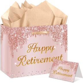 EIGHTSTATES Rose Gold Retirement Gift Bag Set - Elegant Happy Retirement Wrapping Paper with Card & Tissue Paper for Women, Teachers, Bosses, Colleagues Retired Party Decorations