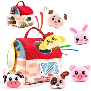 Baby Toys 6-12 Months, Soft Barn Sensory Toy with Stuffed Farm Animal, Rattle - Montessori Infants Learning Toys, Portable Baby Farmhouse Toy, Birthday Gifts for Toddlers 1-3