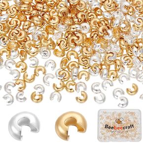 Beebeecraft 1Box 300Pcs 18K Gold Plated Crimp Bead Covers Metal Half Round Open Crimp Beads Knot Covers Caps 3mm for DIY Jewelry Makings