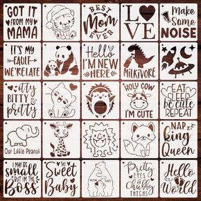 25 Pieces Baby Shower Stencils for Painting, 5.1 Inch Cute Onesie Stencil Mixed Animals Pattern Painting Cake Stencils, Reusable for Bodysuit Shoes Bibs Clothes