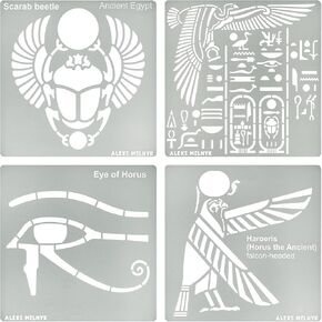 Aleks Melnyk No.500 Metal Stencils, Egyptian Hieroglyphics and God Nekhbet, Small Stencils, 4 PCS, Template for Wood Burning, Engraving, Crafting, Scrapbook