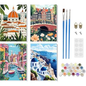 RICUVED Paint by Number for Adults Framed Canvas, 4 Pack Paint by Number Kits Arts for Adults Beginner, Easy DIY Beautiful Landscape Acrylic Oil Painting Number Kits for Home Wall Decor(7.8X11.8inch)