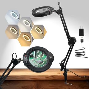 10X Magnifying Glass with Light and Stand, 5 Color Modes Stepless Dimmable Hands Free Lighted Magnifier for Crafts Reading Painting LED Lighted Magnifier for Repair Crafts Close Work
