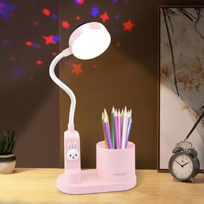 Cordless Rechargeable Rabbit Lamp with Star Projector/3 Brightness Levels/Pen Holder for Home Office Dorm, Eye Caring Pink Kids Desk Table Lamp for Girls Boys Reading Studying, Ideal Gifts