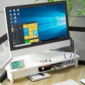 White Corner Monitor Stand Riser, Save Space Desktop Corner Shelf with Drawer ＆ Phone Stand, Universal Display/Printer Table Storage Stands