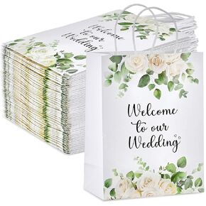 Kolldenn 50 Pcs Welcome to Our Wedding Gift Bags for Hotel Guests Bulk, White Roses Paper Wedding Welcome Bags with Handles for Bridal Shower Gifts Engagement Party Favors, 8 x 4 x 10.5 Inch